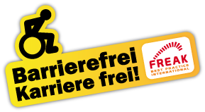 Logo "Barrierefrei - Karriere frei!" (schräges gelbes Balkenlogo mit schwarzem Rollstuhlfahrersymbol, der die Rampe hochfährt)